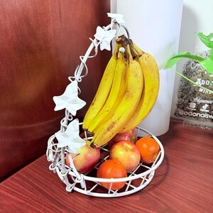 Vintage White Metal Fruit Basket Vine Leaf Motif Design Distressed Cottage Barn